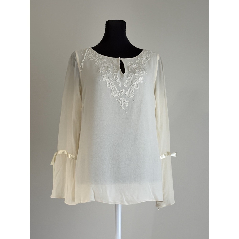 Vintage Dana Buchman Petite 6 Silk Beaded Embroidered Fairy Blouse Ivory Y2K